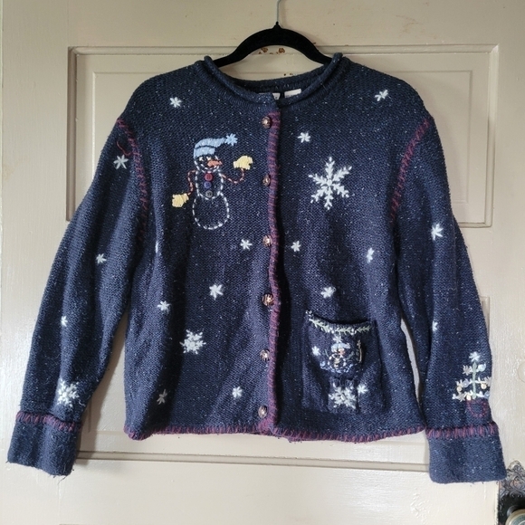 Northcrest Sweaters - VTG North Crest Women's Christmas Cardigan Sz Medium Blue Snowman Knit Sweater